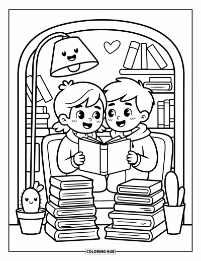 Coloriage de l'amitié pour adultes : Deux ados partagent un livre dans un coin lecture douillet avec une décoration souriante et des piles de livres