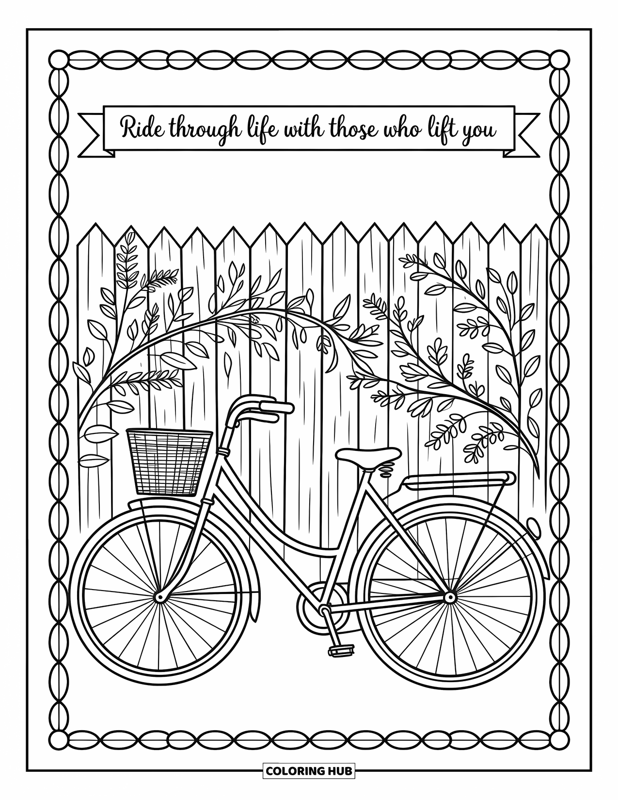 Friendship Coloring Page for Adults: Two vintage bikes rest by a floral fence with the quote ìRide through life with those who lift you.î
