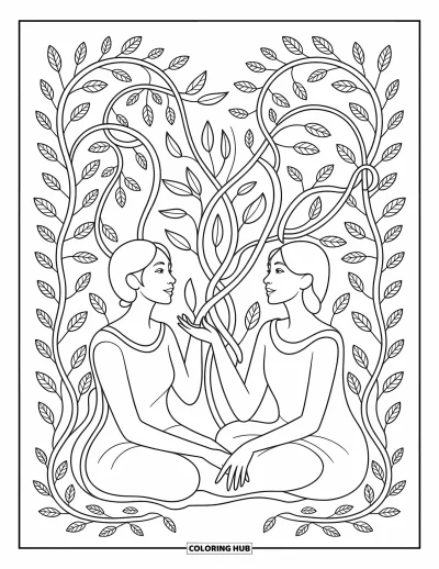 Coloriage de l'amitié pour adultes : Deux femmes bavardent dans un jardin entouré de vignes, de feuilles et de volutes florales