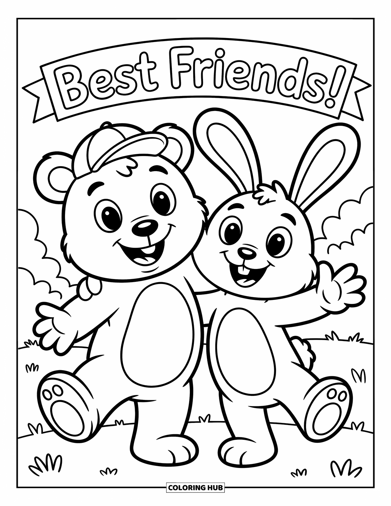 Friendship Coloring Page for Kids: A bear and rabbit high-five in the grass under fluffy clouds and a "Best Friends!" banner