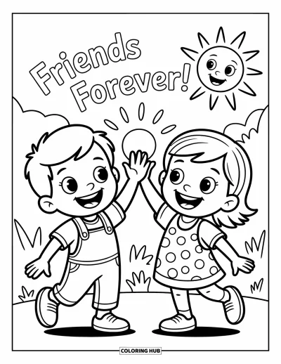 Coloriage de l'amitié pour enfants : Un garçon et une fille se tapent dans la main sous l'inscription « Amis pour toujours ! » et un soleil souriant