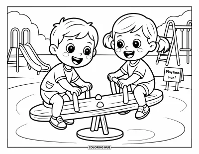 Coloriage de l'amitié pour enfants : Un garçon et une fille jouent sur une balançoire à bascule dans un parc ensoleillé avec de grands sourires amicaux