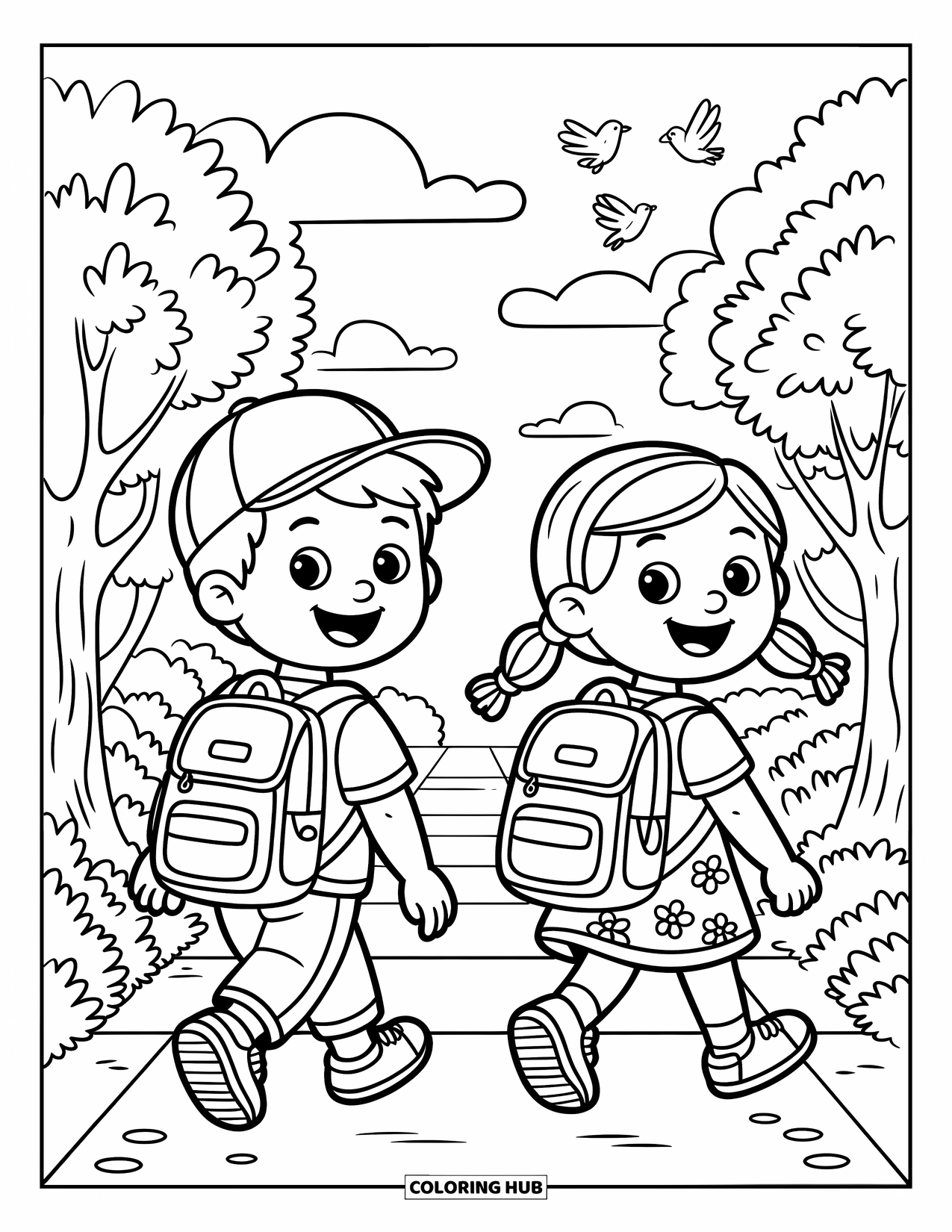 Friendship Coloring Page for Kids: A boy and girl walk home from school, clouds and birds floating above