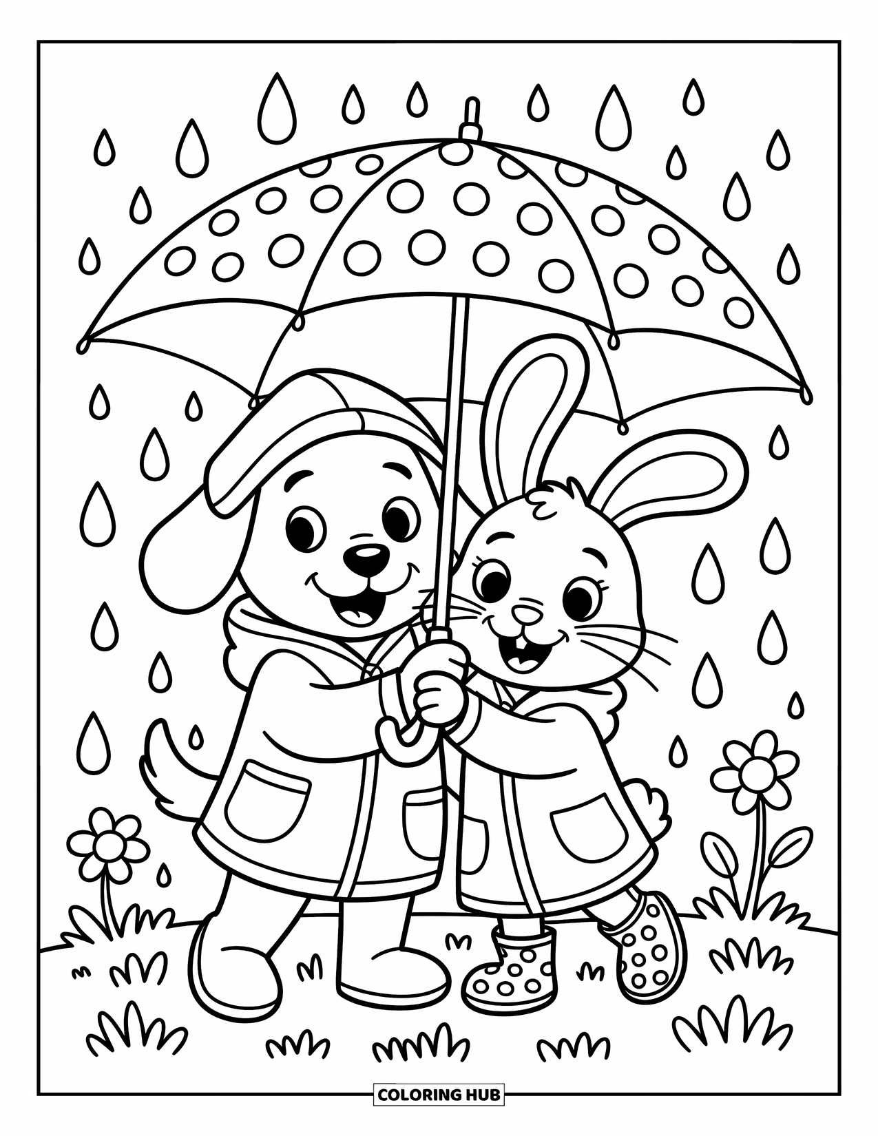 Friendship Coloring Page for Kids: A dog and rabbit share an umbrella in the rain with friendly faces and floppy ears
