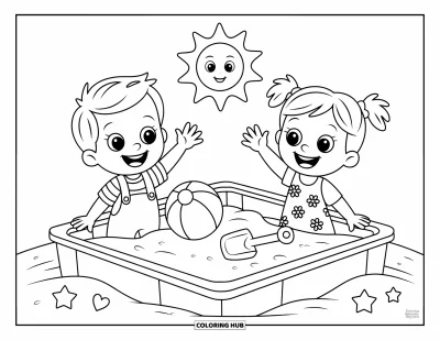 Coloriage de l'amitié pour enfants : Une fille et un garçon se font signe joyeusement par-dessus un bac à sable rempli de formes, de sourires et de soleil