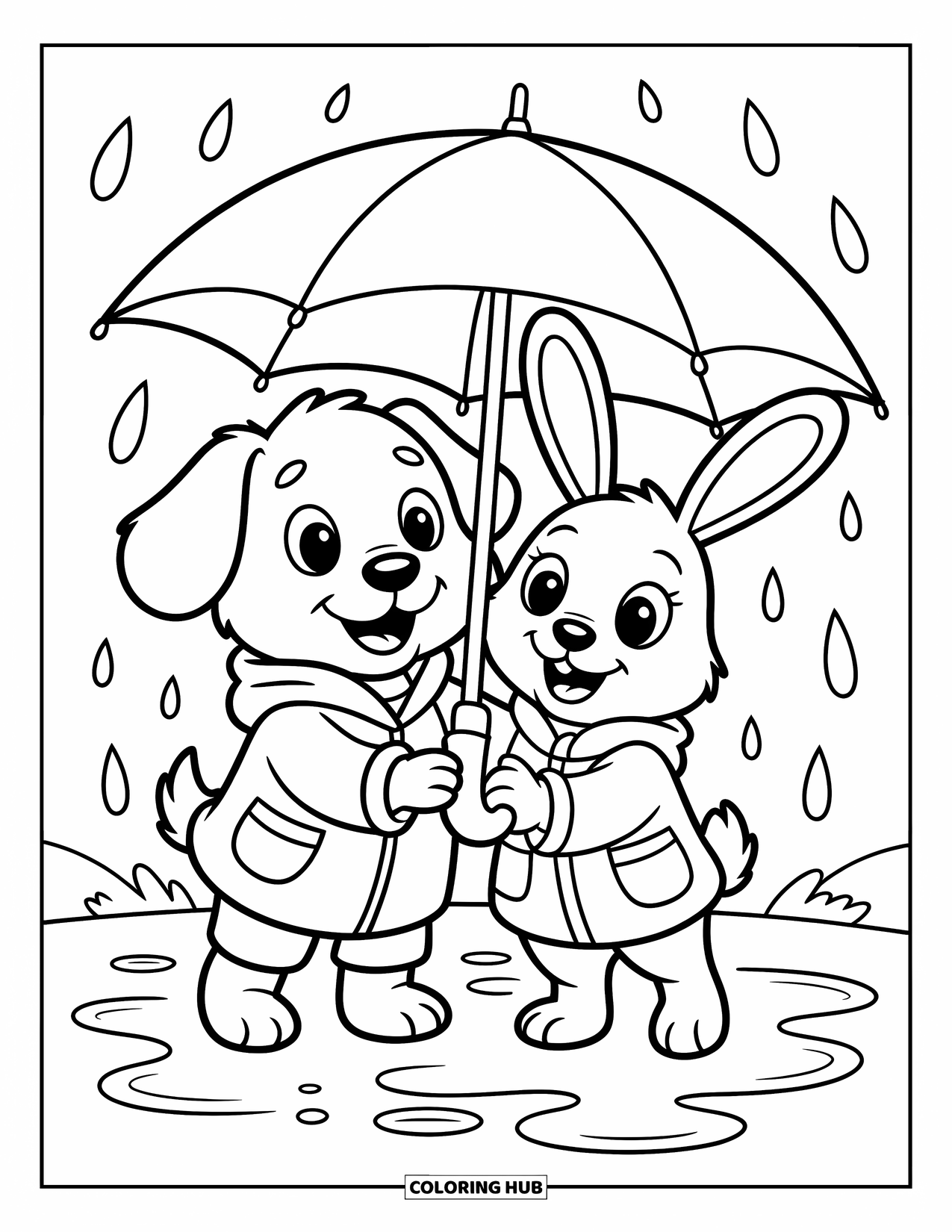 Friendship Coloring Page for Kids: A happy dog and rabbit stay dry under an umbrella, puddles and smiles below