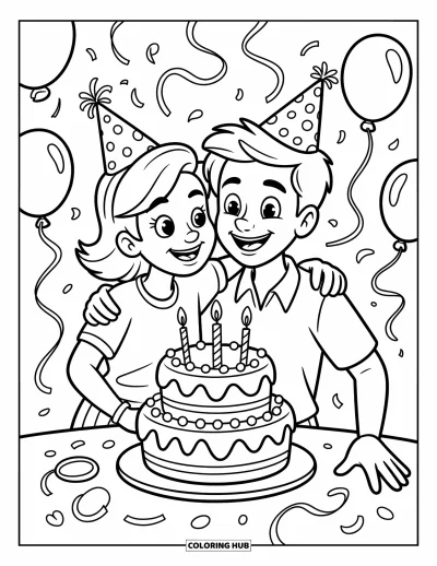 Coloriage de l'amitié pour enfants : Un moment d'anniversaire plein de joie où deux ados partagent sourires et gâteau glacé