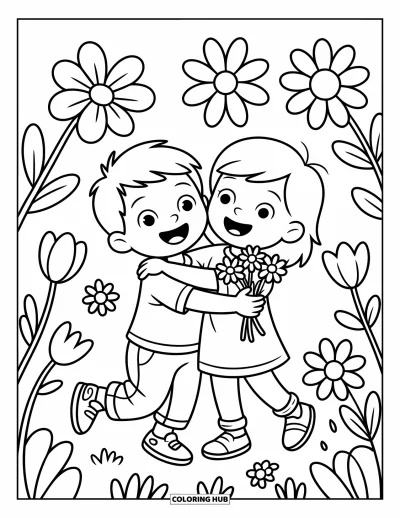 Coloriage de l'amitié pour enfants : Un câlin joyeux dans une prairie fleurie, avec une fille qui tient un joli bouquet