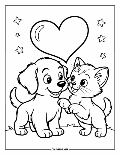 Coloriage de l'amitié pour enfants : Un chiot et un chaton se touchent doucement le museau sous un cœur entouré d'étoiles