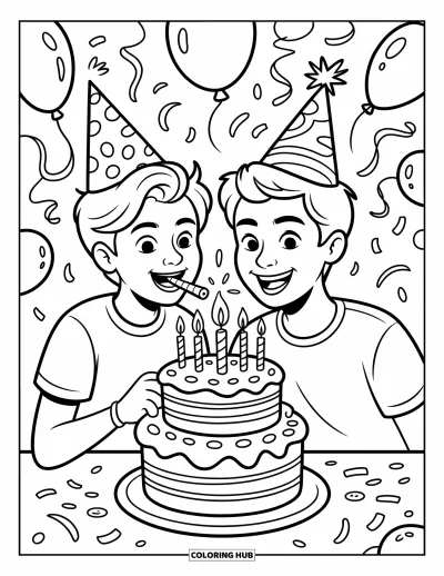 Coloriage de l'amitié pour enfants : Des meilleurs amis fêtent avec des chapeaux de fête, un gâteau et une cascade de ballons et de confettis