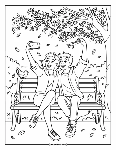 Coloriage de l'amitié pour enfants : Des meilleurs amis se prennent en selfie sous un cerisier, avec des oiseaux, des feuilles et des cœurs à proximité