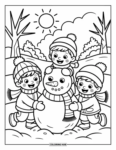 Coloriage de l'amitié pour enfants : Des enfants bien couverts décorent un bonhomme de neige avec des écharpes, des chapeaux et de grands sourires