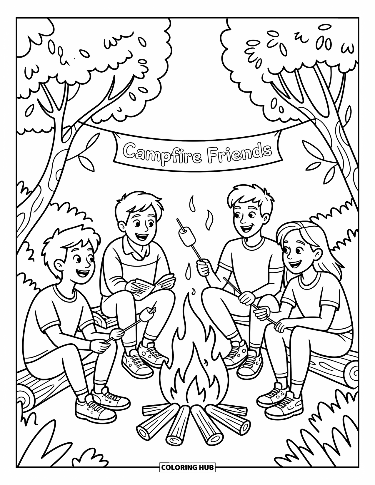 Friendship Coloring Page for Kids: Campfire fun with friends sharing stories, laughter, and gooey treats under the night sky