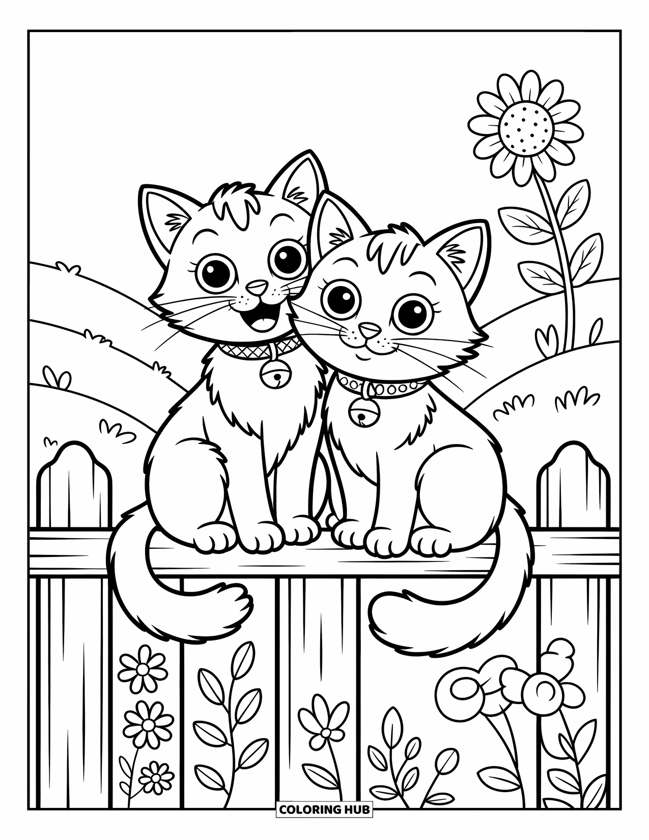 Friendship Coloring Page for Kids: Cheerful cats rest on a fence, one grinning and the other gazing, under a "Sunny Day" banner
