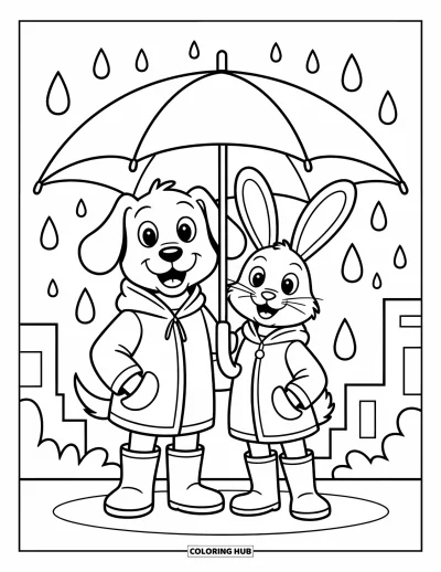 Coloriage de l'amitié pour enfants : Des amis joyeux en imperméables partagent un parapluie, les gouttes de pluie tombant sur un décor de ville plein d'entrain