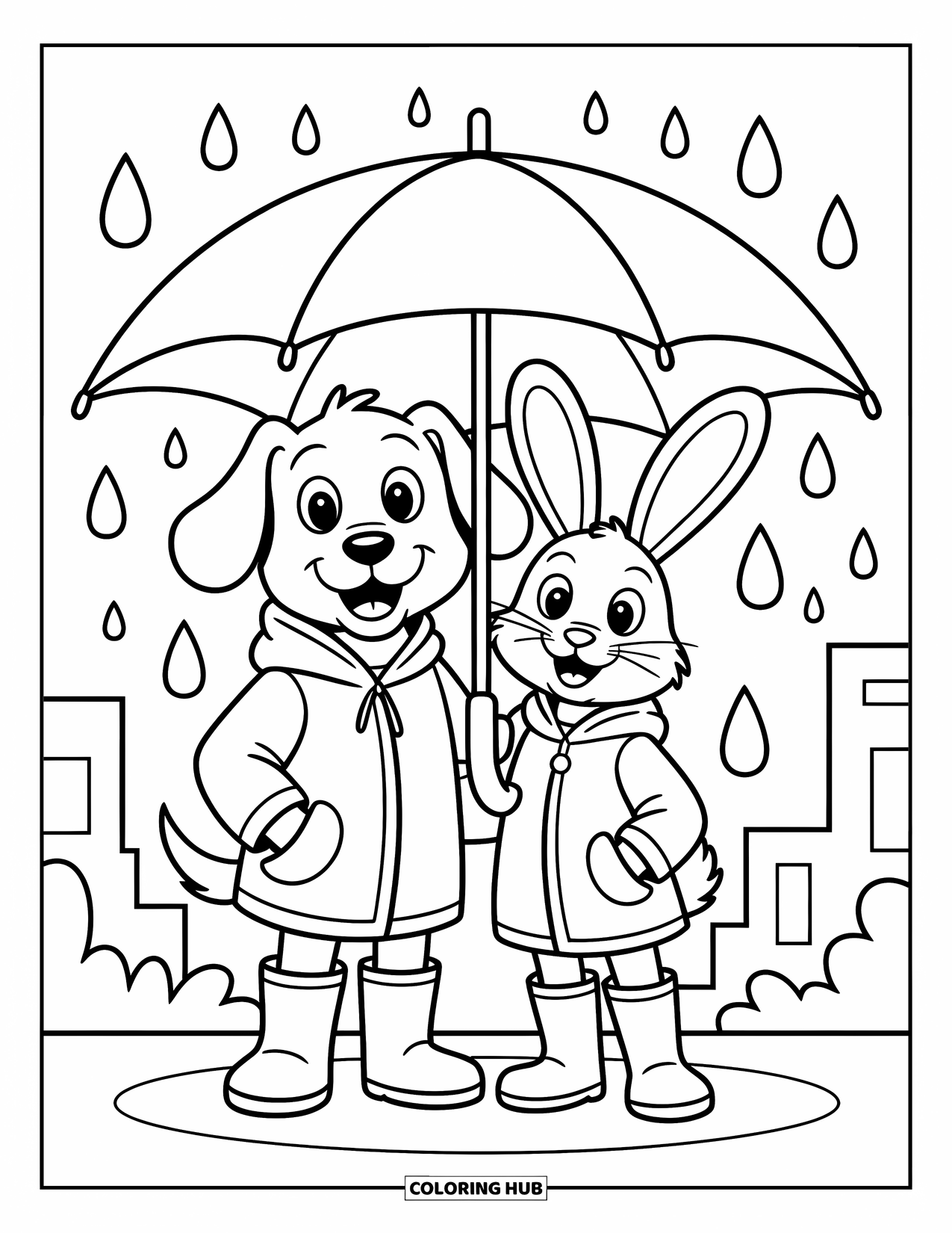 Friendship Coloring Page for Kids: Cheerful pals in raincoats share an umbrella, raindrops falling around a playful city view
