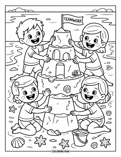 Coloriage de l'amitié pour enfants : Des enfants façonnent des tours et creusent des douves ensemble sous un soleil rayonnant qui dit « TRAVAIL D'ÉQUIPE »