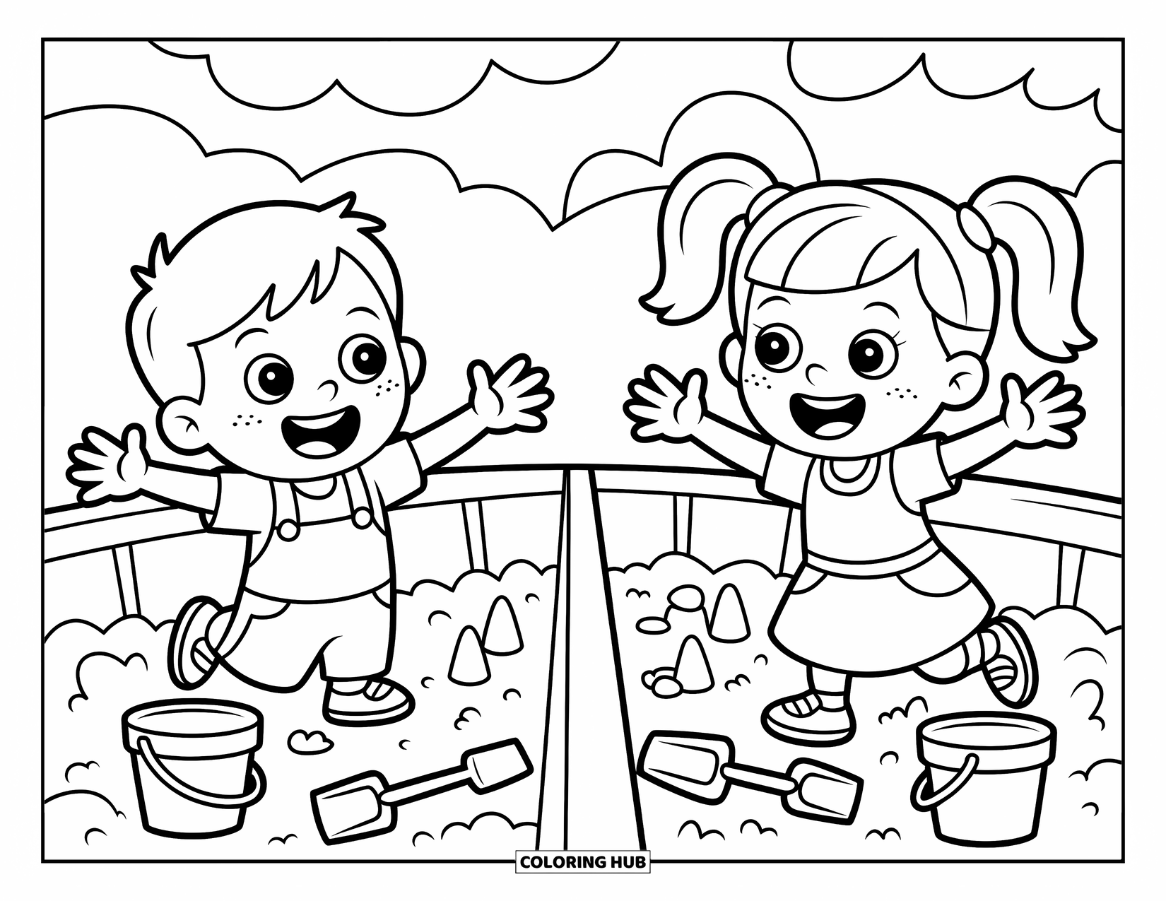 Friendship Coloring Page for Kids: Children wave from opposite sides of a sandbox with castles, buckets, and sunny skies