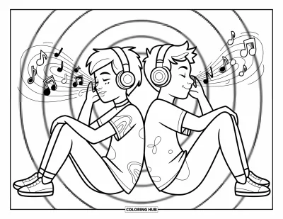 Coloriage de l'amitié pour enfants : Ambiance détendue pendant que des ados savourent leur musique, entourés de notes flottantes et de motifs sympas