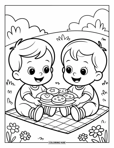 Coloriage de l'amitié pour enfants : Des tout-petits savourent des biscuits sous un ciel ensoleillé, avec une banderole « Partager, c'est s'aimer » au-dessus