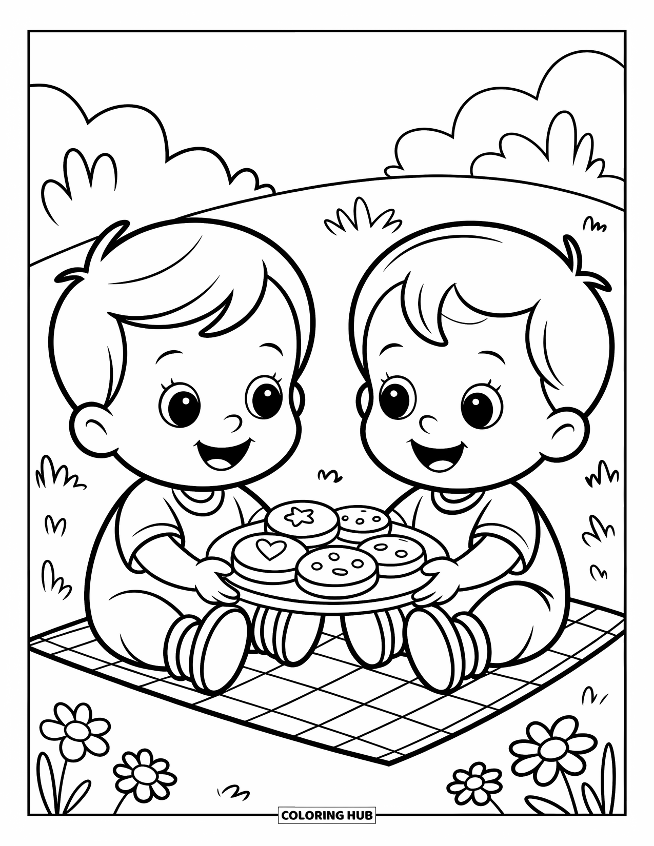 Friendship Coloring Page for Kids: Cookie time for toddlers under sunny skies, with a "Sharing is Caring" banner above