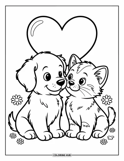 Coloriage de l'amitié pour enfants : Un chien et un chat assis museau contre museau avec un cœur au-dessus et des marguerites autour de leurs pattes