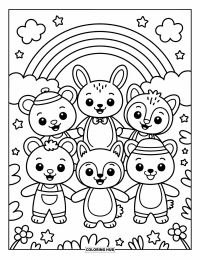 Coloriage de l'amitié pour enfants : Cinq adorables animaux se tiennent la main en cercle sous un arc-en-ciel parsemé d'étoiles
