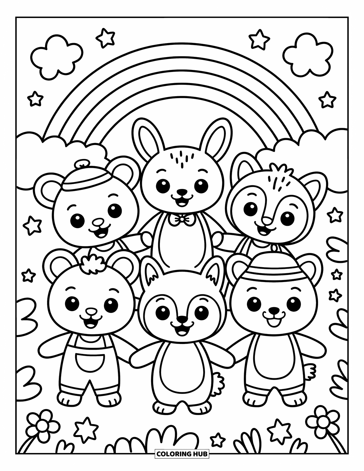 Friendship Coloring Page for Kids: Five cute animals hold hands in a circle under a rainbow with stars around them