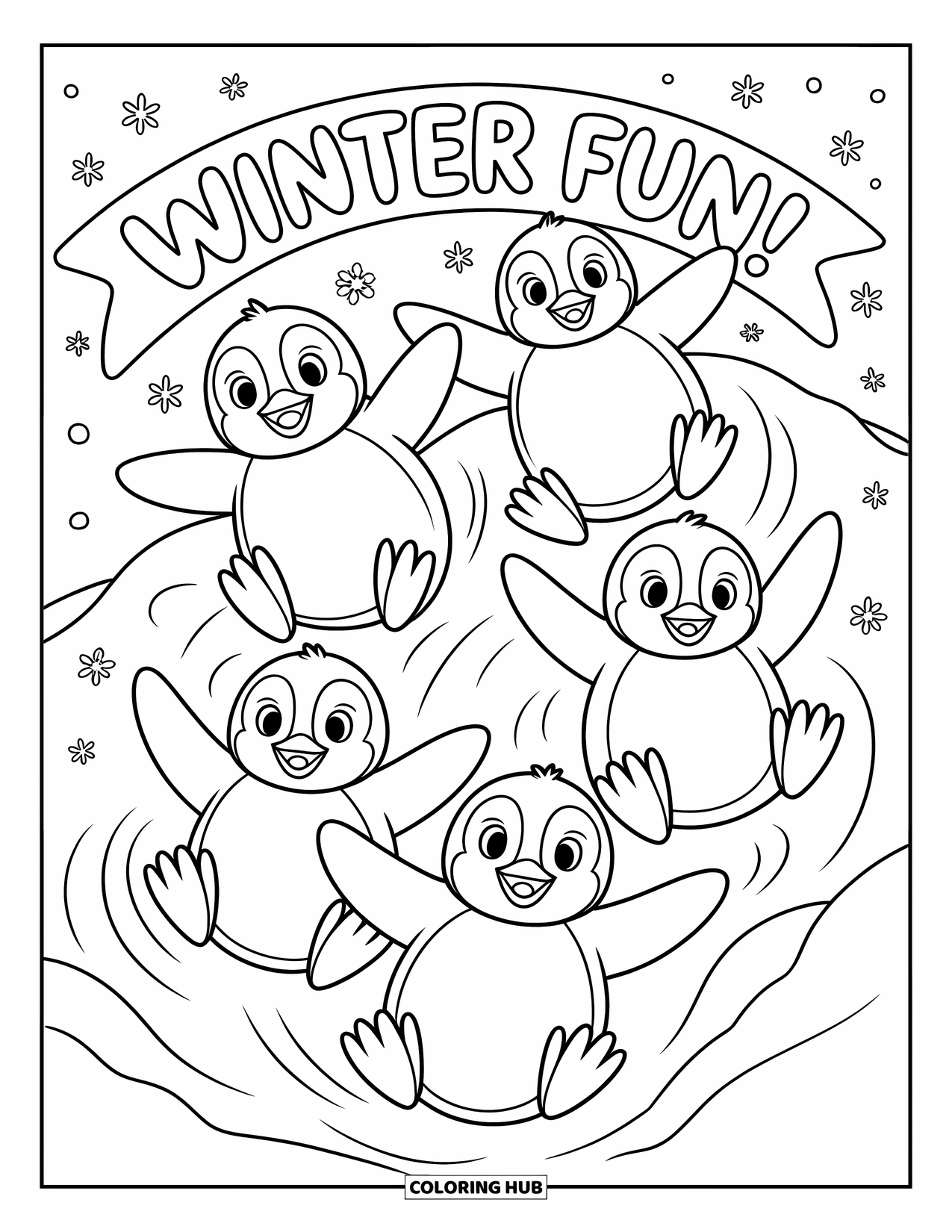 Friendship Coloring Page for Kids: Five penguins tumble down a snowy hill with giggles and snowflakes all around