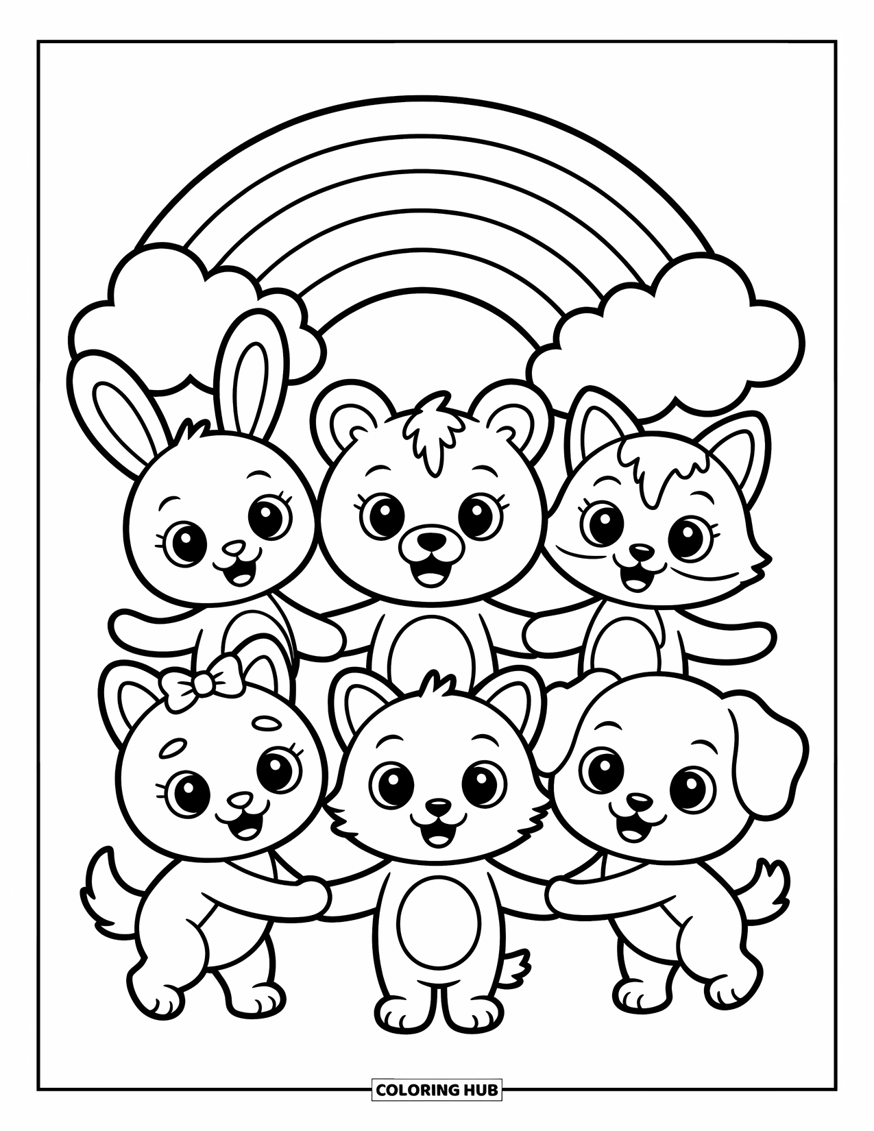 Friendship Coloring Page for Kids: Five smiling animals stand in a circle beneath a rainbow and a "Friendship is Magic" sign