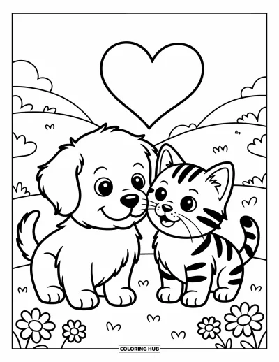 Coloriage de l'amitié pour enfants : Des amis tout doux sourient sous un cœur, avec des collines, des marguerites et un fond paisible
