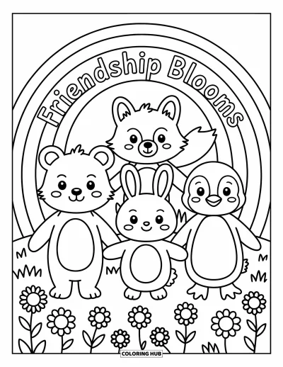 Coloriage de l'amitié pour enfants : Quatre amis animaux se tiennent la main sous un arc-en-ciel avec des fleurs, du soleil et une banderole « L'amitié s'épanouit »