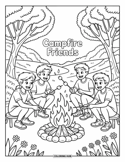 Coloriage de l'amitié pour enfants : Quatre amis font griller des guimauves autour d'un feu de camp, riant sous les arbres et les étoiles