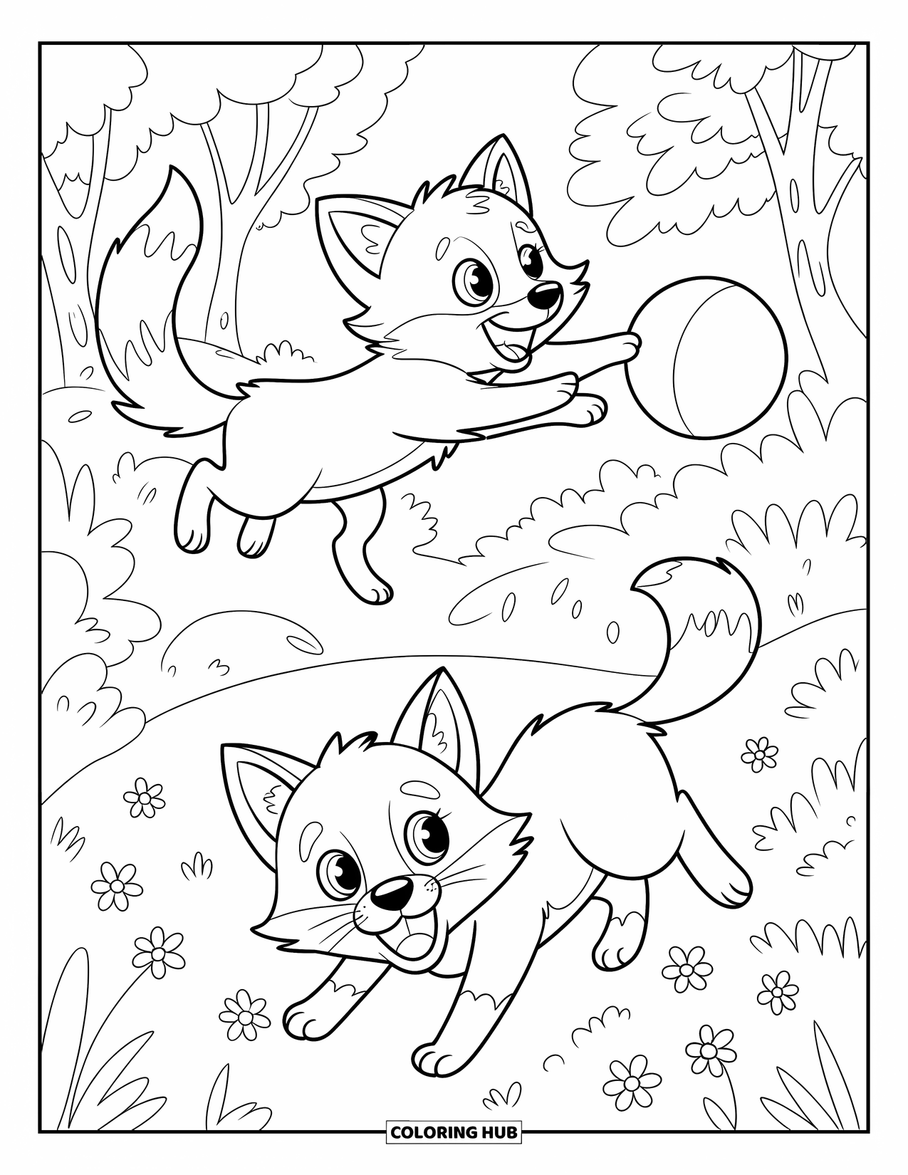 Friendship Coloring Page for Kids: Fox cubs leap and play with a ball in a joyful forest setting