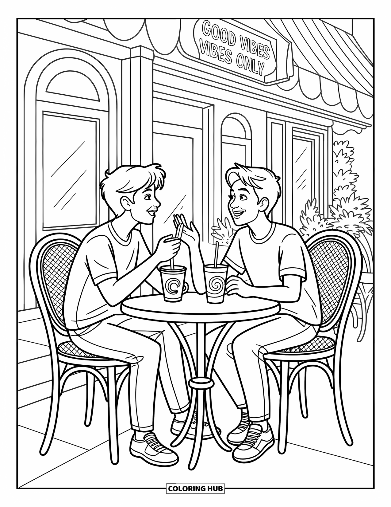 Friendship Coloring Page for Kids: Friends enjoy drinks and good vibes under a café sign with potted plants around