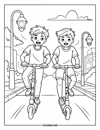 Coloriage de l'amitié pour enfants : Des amis glissent sur le trottoir en trottinette, riant sous des arbres et des nuages tourbillonnants