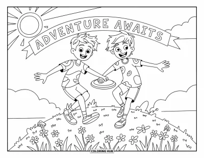 Coloriage de l'amitié pour enfants : Des amis grimpent une colline ensemble avec des fleurs, des nuages et un frisbee à la main