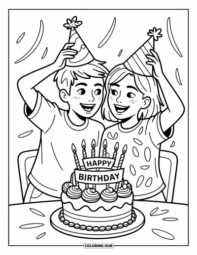 Coloriage de l'amitié pour enfants : Des amis rient et s'amusent pendant qu'un enfant pose un chapeau de fête sur la tête de l'autre