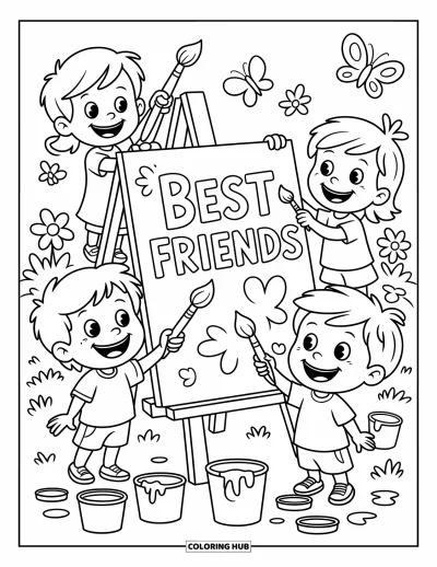 Coloriage de l'amitié pour enfants : Des amis peignent un grand panneau dans le jardin, entourés de fleurs et de papillons