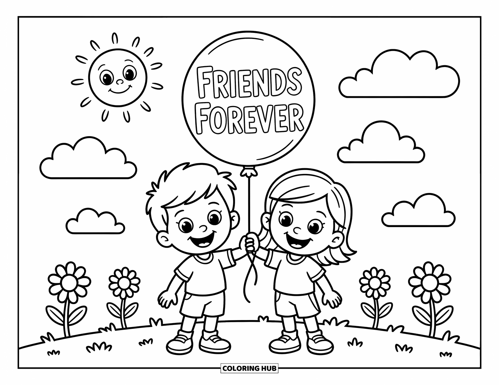 Friendship Coloring Page for Kids: Happy friends hold a balloon marked "Friends Forever" in a sunny field with clouds