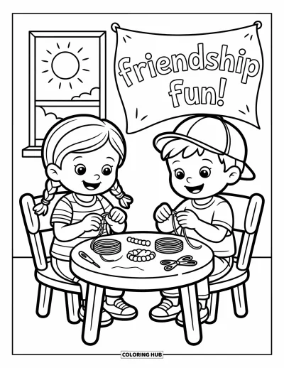 Coloriage de l'amitié pour enfants : Des enfants heureux fabriquent des bracelets ensemble, entourés de fournitures colorées et d'une banderole « Amitié en fête ! »