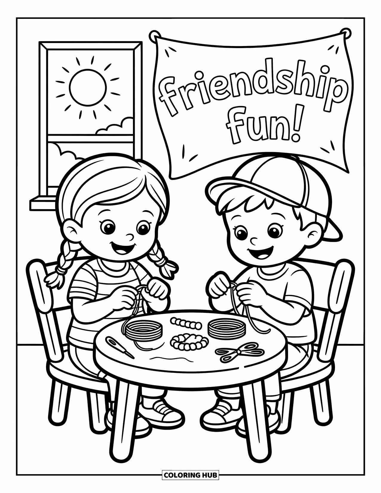 Friendship Coloring Page for Kids: Happy kids craft bracelets together, surrounded by colorful supplies and a "Friendship Fun!" banner