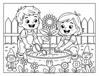 Coloriage de l'amitié pour enfants : Des enfants heureux plantent un tournesol avec des gnomes de jardin et des fleurs qui s'épanouissent tout autour