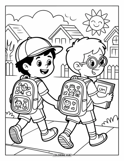 Coloriage de l'amitié pour enfants : Des enfants heureux marchent côte à côte devant des maisons, des arbres et une palissade