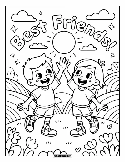 Coloriage de l'amitié pour enfants : Des enfants se tapent dans la main dans un champ fleuri sous des nuages et des sourires radieux