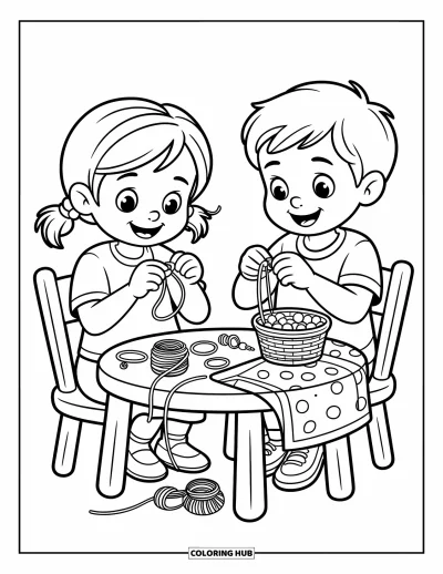 Coloriage de l'amitié pour enfants : Des enfants nouent des bracelets avec des fils colorés et des visages joyeux autour d'une table de créations