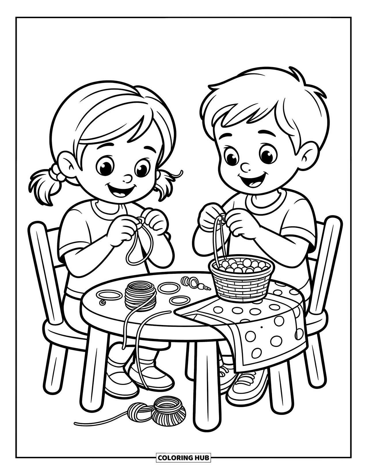 Friendship Coloring Page for Kids: Kids knot bracelets with bright threads and cheerful faces at a cozy crafting table