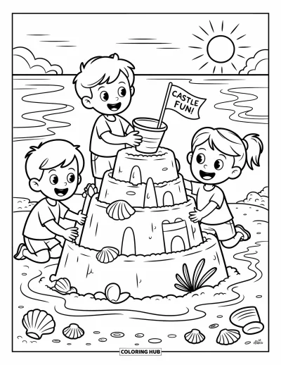 Coloriage de l'amitié pour enfants : Des enfants façonnent un château de sable, ajoutant des coquillages et des drapeaux au bord des vagues calmes