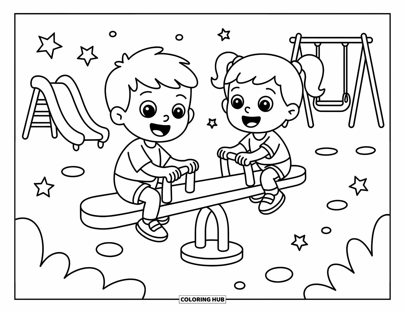 Friendship Coloring Page for Kids: Kids ride a see-saw at a playground with stars, a slide, and swings nearby