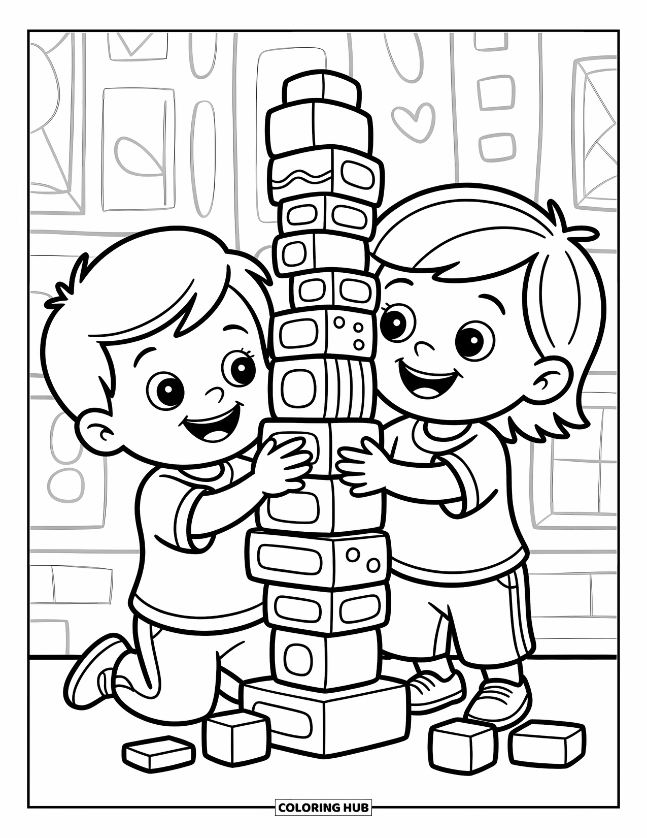 Friendship Coloring Page for Kids: Kids stack colorful blocks together with cheerful smiles and patterned shapes